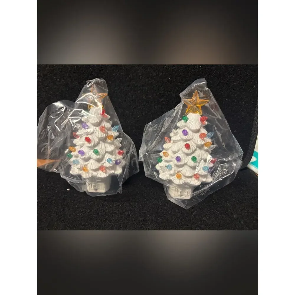 Vintage Style Ceramic Christmas Tree Plug In Night Lights Set of 2 White